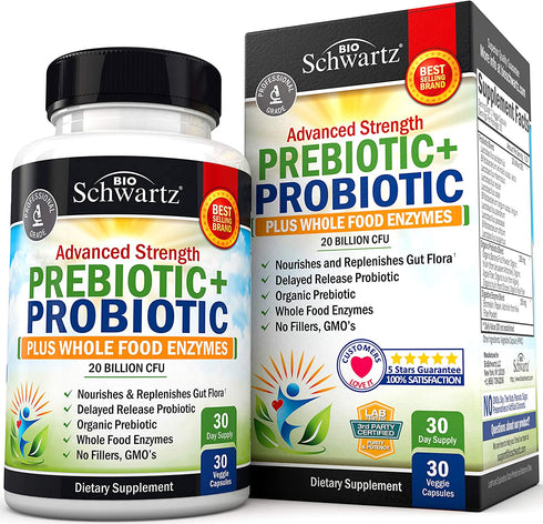 Prebiotics and Probiotic with Whole Food Enzymes for Adults Women & Men - Probiotics Lactobacillus Acidophilus - Digestive Health Capsules Shelf Stable Supplement - Non-GMO Gluten & Dairy Free - 30ct