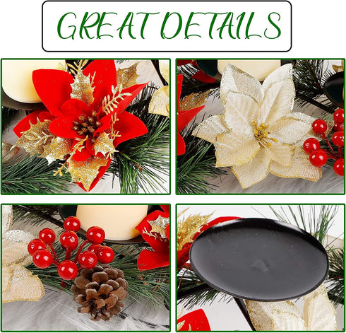 Joliyoou Christmas Tabletop Centerpieces, Christmas Poinsettia Candle Holder with 3 Battery Operated Light Up Candle Lights, Metal Candelabrum for Xmas Holiday Table Mantel Decoration