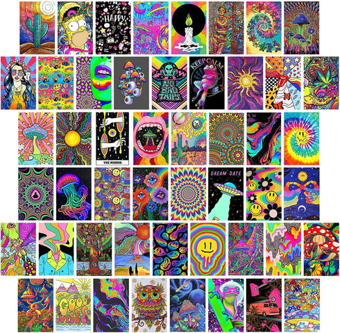 Woonkit Trippy Room Decor, Indie Room Decor, Hippie Room Decor, Indie Hippie Trippy Posters, Teen Wall Bedroom Dorm Aesthetic Poster, Photo Wall Collage Kit Pictures, Psychedelic Posters, 50PCS 4X6 INCH