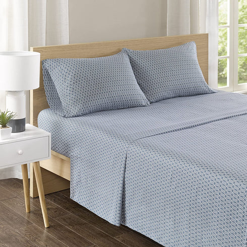 Comfort Spaces 100% Cotton Percale 3 Piece Set Ultra Soft Breathable Deep Pocket Printed Geometric Pattern Sheets with Pillow Cases Bedding, Twin, Diamond Blue