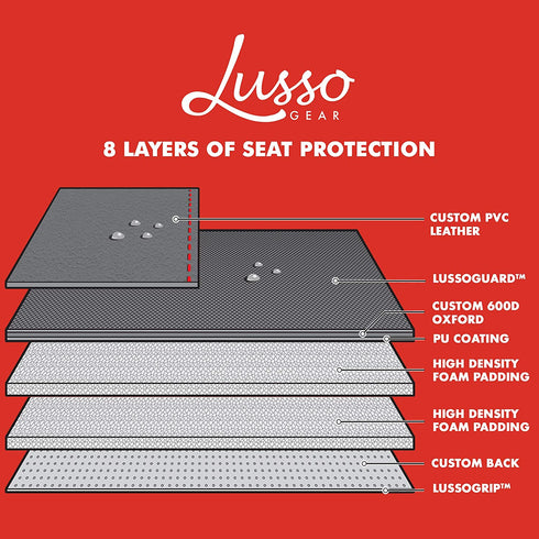 Lusso Gear Car Seat Protector for Baby Car Seat - Thick Padding, 2 Mesh Storage Pockets, Waterproof, Protects Fabric or Leather Seats, Non-Slip Padded Backing (Black with Red Stitching)