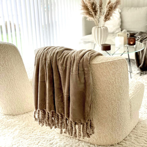 Odds & Ends Home Fleece Blanket Twin Size with Tassels - Super Soft Plush Tan Throw Blankets for Bed, Sofa, Couch, Outdoor, 60x87 Inches