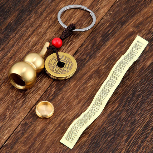 Hotop 3 Pieces Chinese Gourd Brass Wu Lou Keychains Feng Shui Coins Calabash Decorations Pendant Key Rings for Good Luck Fortune Longevity Wealth Success