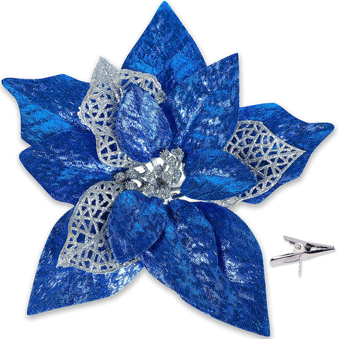15 PCS Christmas Glitter Artificial Poinsettia Flowers Artificial Wedding Flowers Decorations Xmas Tree Ornaments with Clips (Blue)