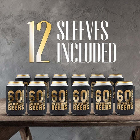 60th Birthday Decor and Party Favors, Beverage Sleeves Gift for Dad's 60th Birthday Party, Decorations and Party Supply, 60s Birthday Decorations for Men, 12-Pack, Black & Gold