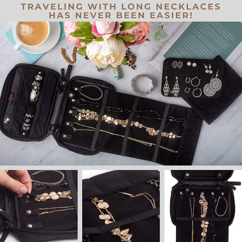 Pink Larus Travel Jewelry Organizer. Tangle-Free Necklace with Roll Out Mat, Earring Card for Studs, Drop and Hoops, and Ring Organizer. Black Compact Case Fits Perfectly in a Carry On!
