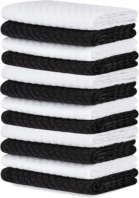 Kitchen Towels 100% Cotton - Machine Washable - Extra Soft 12x12 Black and White Dobby Weave Dish Towels, Tea Towels, Bar Towels - 12 Pack
