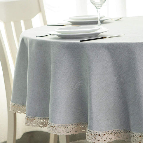 EHouseHome Faux Linen Tablecloth with Lace Trim - Waterproof/Spill Proof/Stain Resistant/Wrinkle Free/Oil Proof - for Banquet, Parties, Dinner,Wedding,Holiday,Silver Grey Round 70Inch