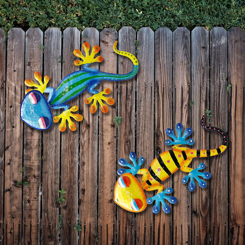 Juegoal 2 Pack 15 Inch Metal Gecko Wall Art with Shaking Head Large Garden Wall Decor Inspirational Sculpture Hang for Indoor Outdoor Home Bedroom Living Room