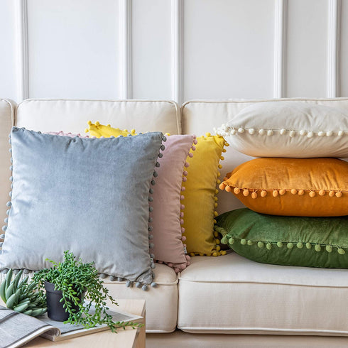 Ashler Throw Pillow Cases with Soft Pom Poms Velvet Plush Vibrant Elegant Cushion Covers, Pack of 2, Pink 26 x 26 inches 66 x 66 cm