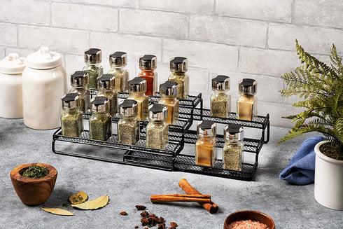 3 Tier Expandable Spice Rack Organizer for Cabinet, Black Modern Pantry Kitchen Countertop Stand 3 Step Shelf - Expands 12 to 24 Inches