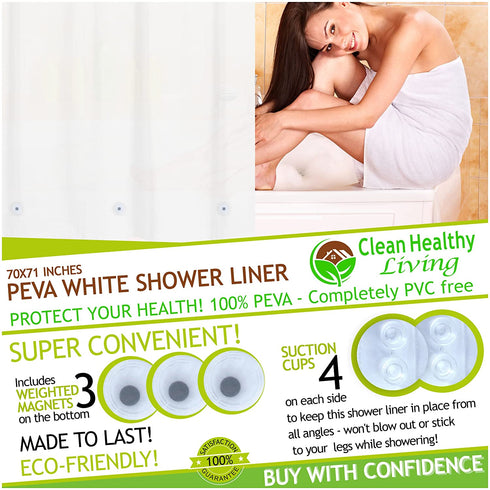 Clean Healthy Living Premium PEVA White Shower Curtain Liner with Magnets & Suction Cups - 70 X 71 in. Long