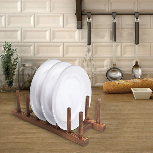 MyGift Brown Wood Dish Drying Rack, Kitchen Countertop Plate Display Holder with 6 Slots, Set of 2