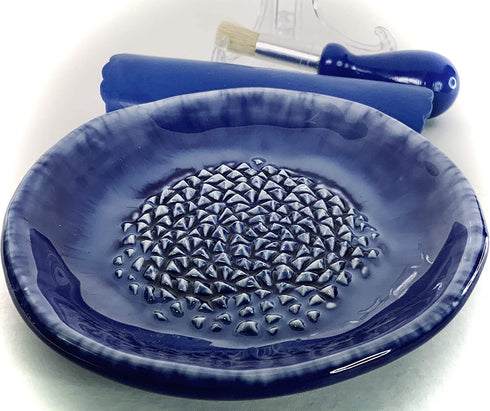 BonCera, All-in-one 4pcs Premium Ceramic Garlic Grater Set, Blue Glazed Design Grater w/Garlic Peeler, Gathering Brush, Display Stand, It's also grating Turmeric, Ginger, and more.G-513