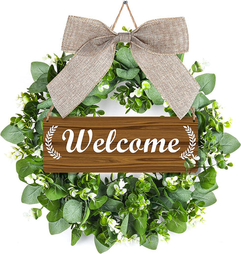 Spring Wreaths for Front Door Wreath 16 inch with Welcome Sign Farmhouse Outdoor Summer Wreath Greenery Eucalyptus for All Seasons