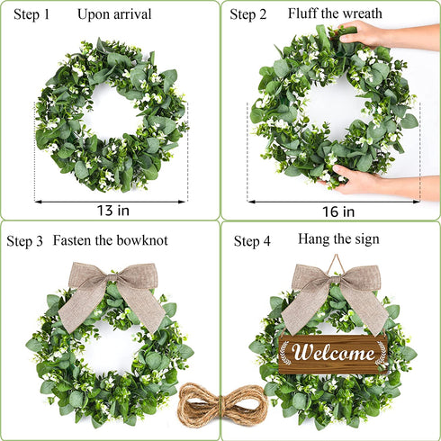 Spring Wreaths for Front Door Wreath 16 inch with Welcome Sign Farmhouse Outdoor Summer Wreath Greenery Eucalyptus for All Seasons