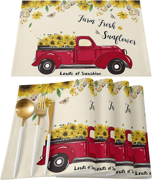 Harvest Farm Red Truck Full of Blooming Sunflowers Placemats - Set of 4 Washable Stain Resistant Kitchen Table Mats - Cotton Linen Woven Dining Table Mats - 12" x 18"
