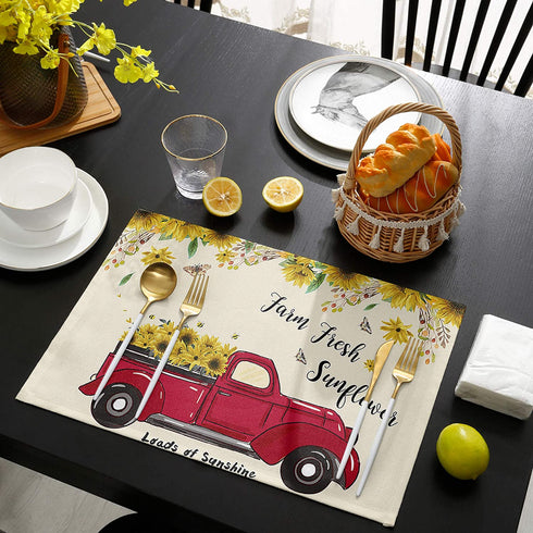 Harvest Farm Red Truck Full of Blooming Sunflowers Placemats - Set of 4 Washable Stain Resistant Kitchen Table Mats - Cotton Linen Woven Dining Table Mats - 12" x 18"