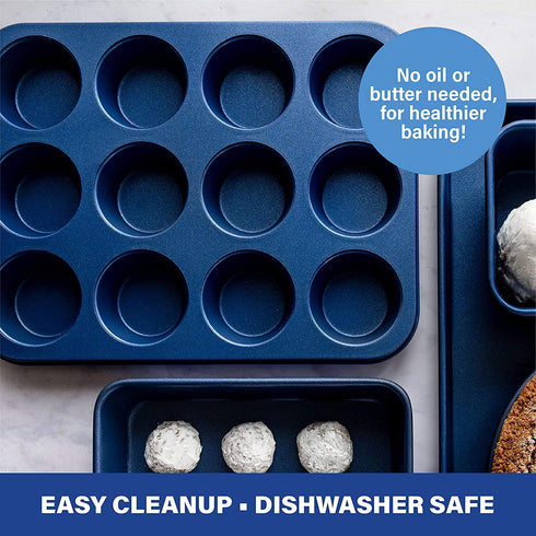 Granitestone 12 Cup Muffin Pan, Cupcake Pan Nonstick Blue Bakeware for Standard Size Muffins, 12 Cup Muffin Tin with Even Heat & Non-Warp Technology, Ultra Nonstick Mineral Coating, Dishwasher Safe
