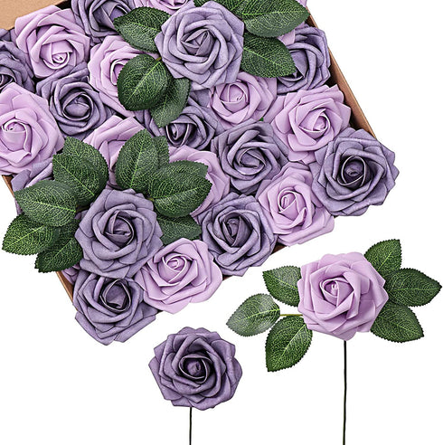 TINGE TIME Artificial Flowers for Decoration Rose 25pcs African Violet Purple Fake Roses with Stem for DIY Wedding Bouquets Centerpieces Bridal Shower Party Home Decorations