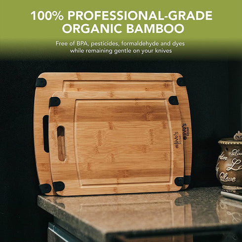 Olive's Kitchen Organic Bamboo Cutting Board Set (2 Pack) - Reversible Bamboo Cheese Board Medium & X-Large Bamboo Cutting Boards for Kitchen Non-Slip Cutting Board Bamboo Charcuterie Board