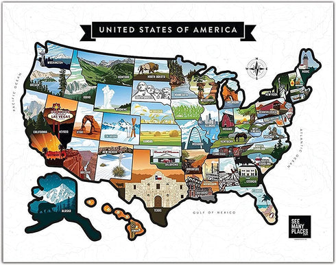 See Many Places Scratch Off Map of the United States - 28x22in Frameable Poster-Travel Map with Custom State Pictures & Gold Foiling, White