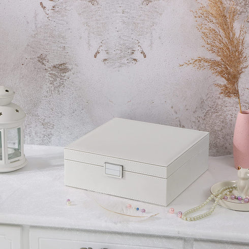 BEWISHOME Jewelry Organizer Box Jewelry Boxes for Women Girls 2 Layers Jewelry Storage Case with Large Mirror for Earring Ring Necklace Bracelet Faux Leather White SSH01W