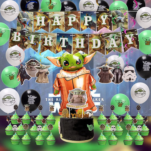 Birthday Decorations, Birthday Party Supplies with Foil Baby Yoda Balloon, Happy Birthday Banner, Cake Toppers, Balloons, Hanging Swirl, Stickers Party Decorations for Kids Boys Party