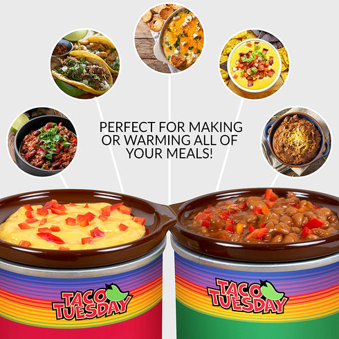 Taco Tuesday Two Mini Fiesta Dippers, 0.65 Qt. Capacity, Includes Lid, Perfect For Queso, Chili, Beans, Chicken, Beef, Red/Green