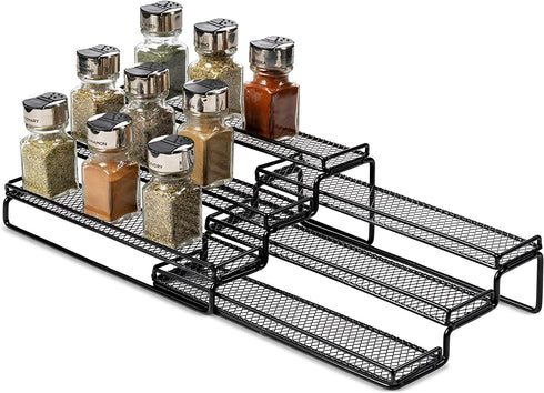 3 Tier Expandable Spice Rack Organizer for Cabinet, Black Modern Pantry Kitchen Countertop Stand 3 Step Shelf - Expands 12 to 24 Inches