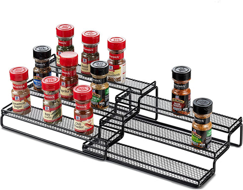3 Tier Expandable Spice Rack Organizer for Cabinet, Black Modern Pantry Kitchen Countertop Stand 3 Step Shelf - Expands 12 to 24 Inches