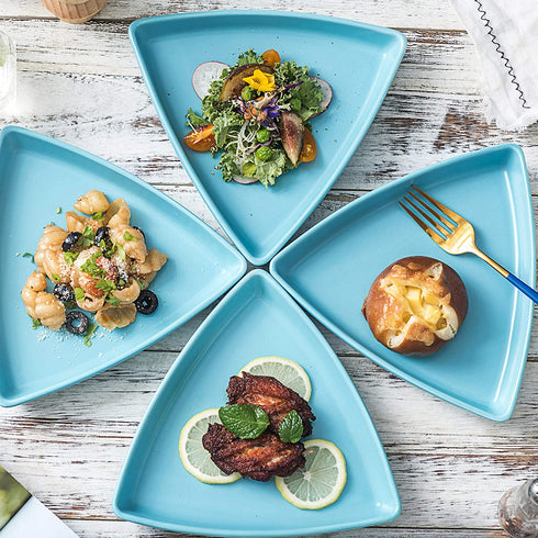 Bruntmor Porcelain 8" Triangle Plates Set Of 4 - Oven Safe Triangular Dish For Appetizer or Desserts Buffet Plates Restaurantware, Blue