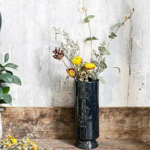 Vellarr Halloween Decor Vase, Traditional Totem Style, Minimalist Face Design, Decorative Modern Floral Glazed Ceramic Flower Vases for Centerpieces, 10.5"(Dark Blue-Black)