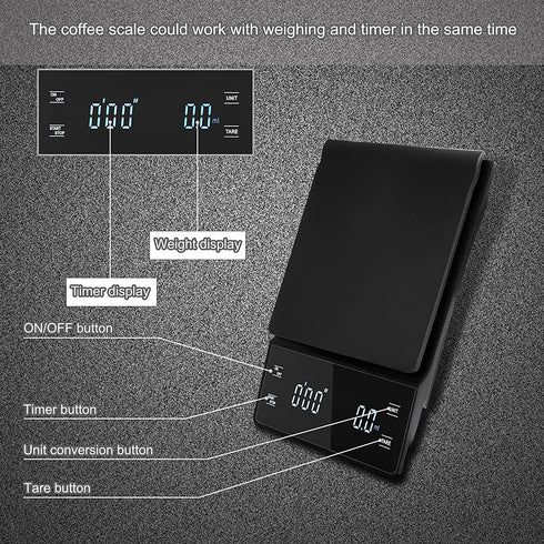 bemece Digital Coffee Scale with Timer, 3 kg/0.1 g High Precision Kitchen Food Scale Drip Espresso Scale with Back-Lit LCD Display (Batteries Included)