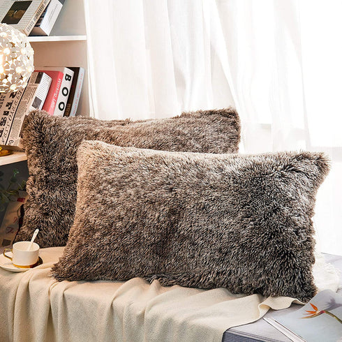 JAUXIO Faux Fur Decorative Throw Pillow Shams 2 Pack Luxury Shaggy Pillowcases Crystal Velvet Reverse King Size (Dark Grey Ombre, 20 X 36 Inches)