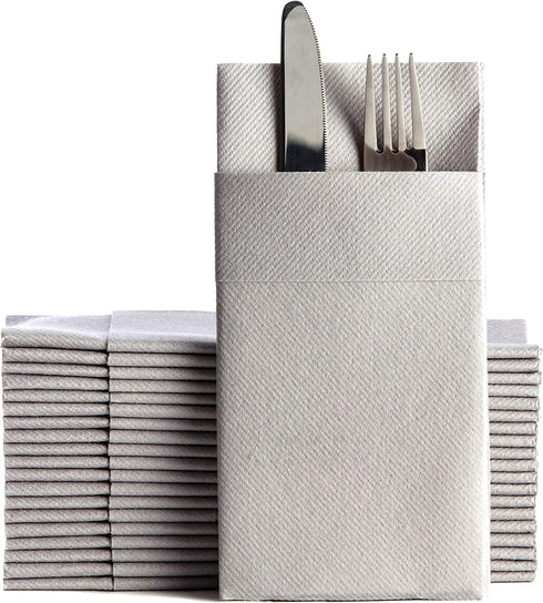 Gray Dinner Napkins Cloth Like with Built-in Flatware Pocket, Linen-Feel Absorbent Disposable Paper Hand Napkins for Kitchen, Bathroom, Parties, Weddings, Dinners or Events, 16x16 inches, Pack of 50