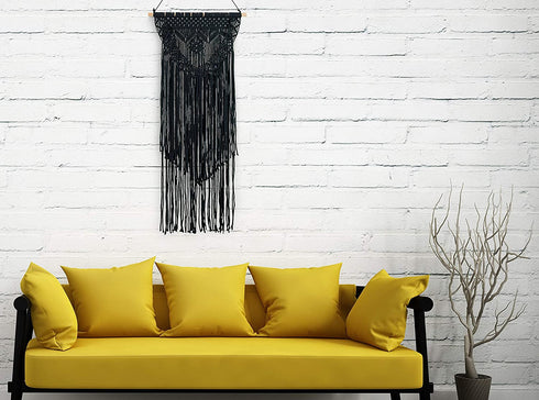 Boho Black Macrame Wall Hanging Woven Decor - Black 16 x 36 Inches Modern Bohemian Farmhouse Wall Art Tapestry Decor for House, Apartment, Dorm Room, Nursery, Party Decorations, Wedding, Wall Ornament