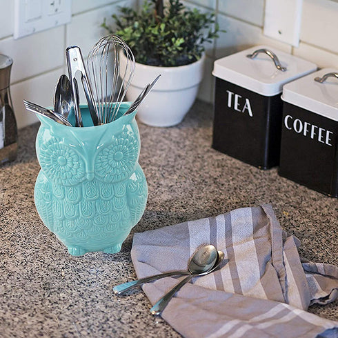 HOME-X Large Owl Design Ceramic Cooking Utensil Holder, Kitchen Decor for Cooking Accessories, Ceramic Utensil Holder-Multipurpose- Aqua Blue-7? H x 4? D