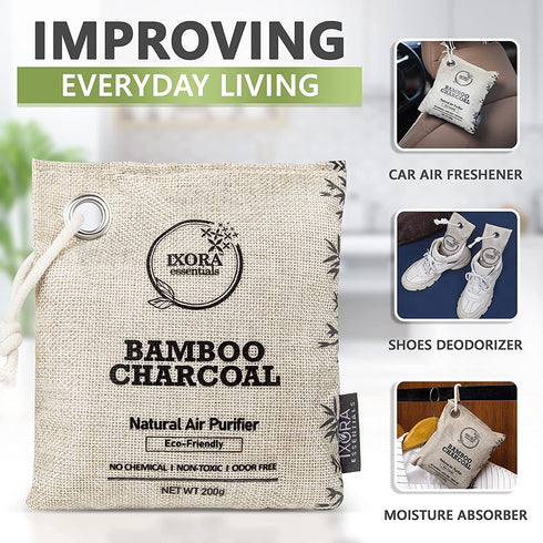 Ixora Essentials Bamboo Charcoal Air Purifying Bag, Charcoal Bags Odor Absorber for Home with Activated Bamboo Charcoal. 5 Pack (3 x 200g and 2 x 75g) of Charcoal Odor Absorber, Car Odor Eliminator, Pet Friendly