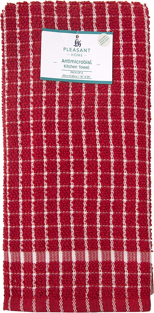Pleasant Home Kitchen Towels (18" x 24", 6 Pack) Check Design - Solids and Multi- 320 GSM - Super Absorbent Kitchen Towels (Red, Solid Yarn Dyed)