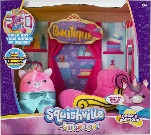 Squishville by Squishmallow Boutique Play Scene, 2” Lola Soft Mini-Squishmallow, 8” Playset, 1 Plush Accessory, Marshmallow-Soft Animals, Boutique Toys