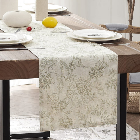 JINCHAN Table Runner Table Cloth Linen Textured Table Runner 72 Inch Floral Pattern Decorative Burlap Table Cover Botanic Printed Design Rustic Handcrafted Flax Tablecloth 1 Panel Sage on Beige