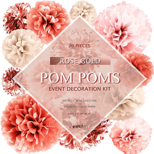 VINANT 20 PCS Rose Gold Party Decorations - Metallic Foil and Tissue Paper Pom Poms - Birthday Party Decoration - Baby Shower - Bridal Shower - Bachelorette - Garden Party - 14", 10", 8", 6"