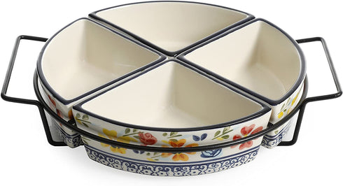 Gibson Elite Hand-Painted Dinnerware Set, 4-Section Tidbit Dish w/Metal Rack, Luxembourg