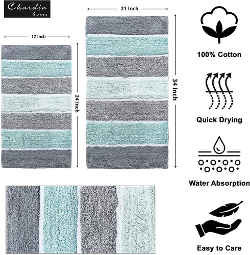 Chardin Home Cordural Stripes Bath Mat, Set of 2 Bath Rugs (17 Inches x24 Inches & 21 Inches x34 Inches) | Non Slip Bathroom Rug, Machine Washable, Plush, Highly Absorbent | Mint Green & Grey