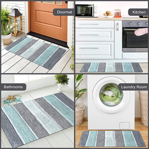 Chardin Home Cordural Stripes Bath Mat, Set of 2 Bath Rugs (17 Inches x24 Inches & 21 Inches x34 Inches) | Non Slip Bathroom Rug, Machine Washable, Plush, Highly Absorbent | Mint Green & Grey
