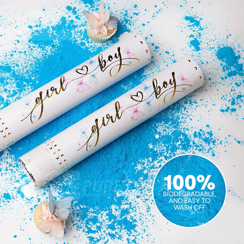 Premium Gender Reveal Confetti Cannon - Set of 2 - Biodegradable Powder in Blue or Pink, for Baby Gender Reveal Party Supplies and Gender Reveal Decorations with Gender Reveal Powder Cannon