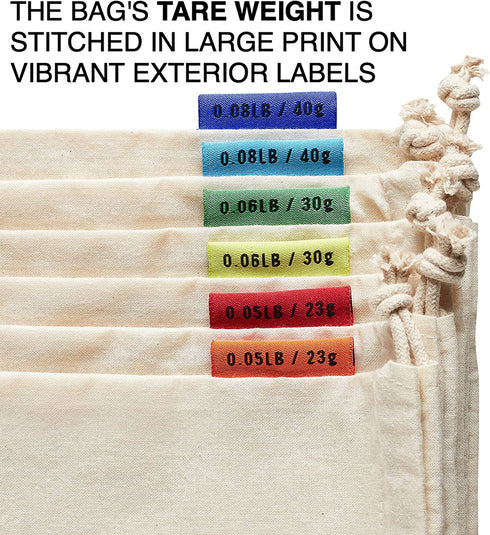 Colony Co. Reusable Bulk Food Bags, Set of 6 - Assorted Sizes, Certified Organic Cotton Muslin, Tare Weight Label, Washable, Double-Drawstring Design, Recyclable Packaging, Zero Waste