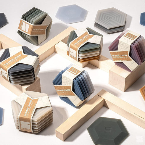 Set of 6 Degr? Coasters (Sandstone) by LINE+ARC. 10mm Thick, Dishwasher Safe, Stain-Resistant, Outdoor, Coffee Table, Silicone, Modern, Hexagon, Mid Century, Cup, Drink, Non-Absorbent, Housewarming€¦