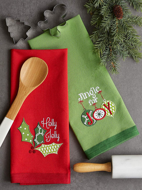 DII Christmas Dishtowel Collection Embellished, 18x28, Jingle for Joy, 2 Piece
